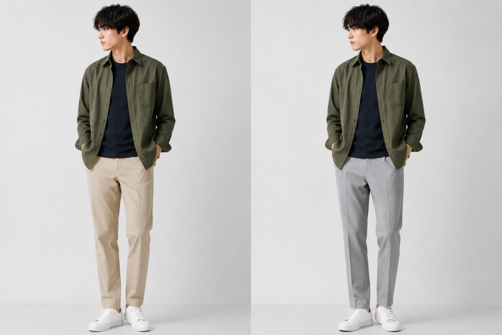 カーキシャツ×ネイビーインナー