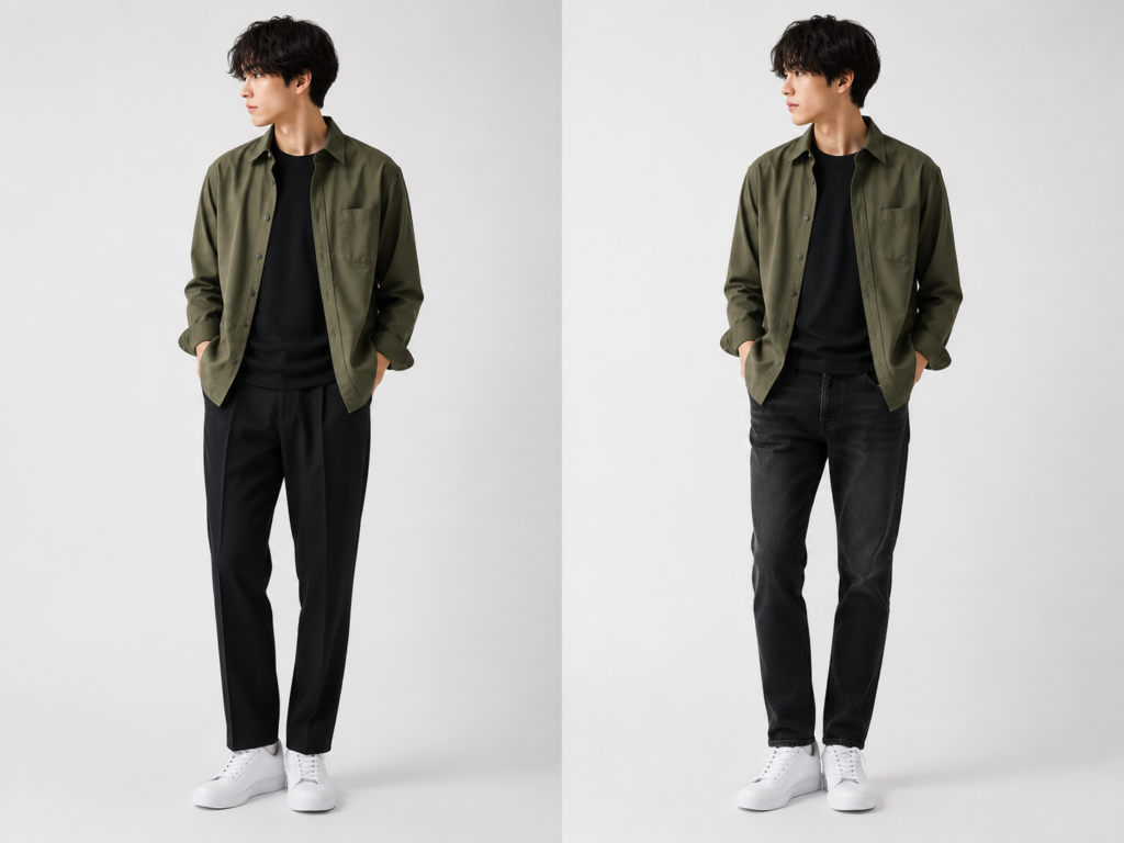 カーキシャツ×黒インナー