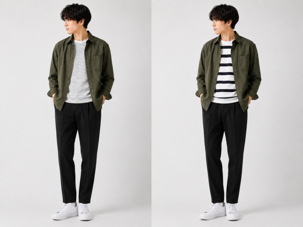 カーキシャツ×ボーダーインナー