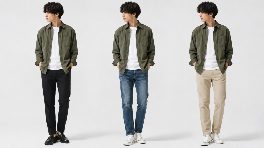 カーキシャツ×白インナー